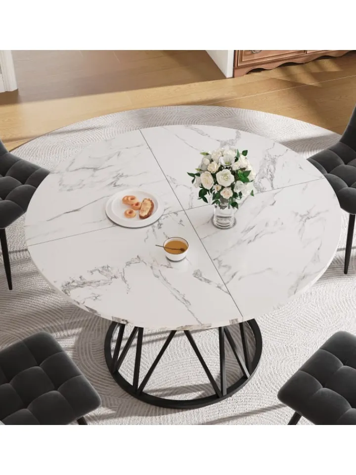 ABRIHOME Tische<Runder Esstisch in Schwarz Marmor mit Metallbeinen 100x100x76 cm