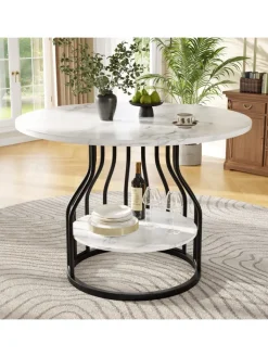 ABRIHOME Tische<Runder Esstisch in Schwarz 80x80x76 cm mit kleiner Ablageplatte