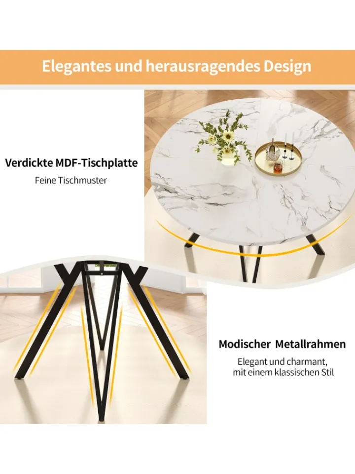 ABRIHOME Tische<Runder Esstisch mit Marmoroptik und Metallbeinen in Schwarz