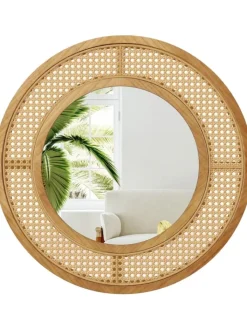 COSTWAY Spiegel<Runder Wandspiegel Rattan in Hellbraun