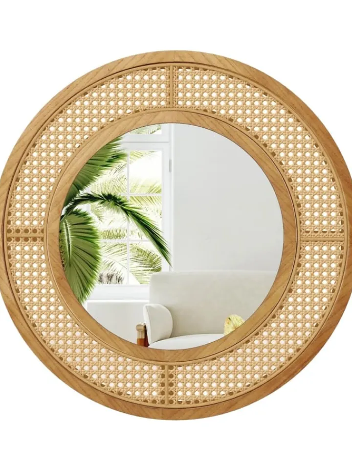 COSTWAY Spiegel<Runder Wandspiegel Rattan in Hellbraun