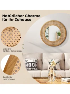 COSTWAY Spiegel<Runder Wandspiegel Rattan in Hellbraun