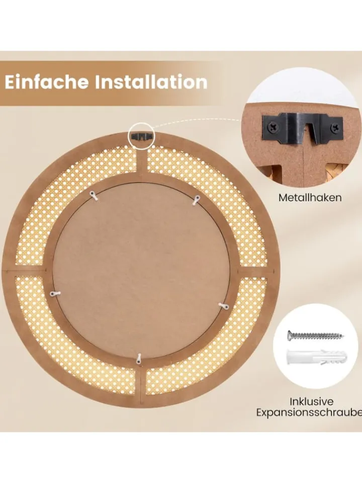 COSTWAY Spiegel<Runder Wandspiegel Rattan in Hellbraun