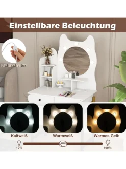 COSTWAY Schmuckkästen<Schminktisch in Katzenform mit Spiegel & Beleuchtung in Weiß
