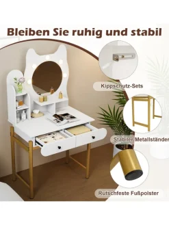 COSTWAY Schmuckkästen<Schminktisch in Katzenform mit Spiegel & Beleuchtung in Weiß