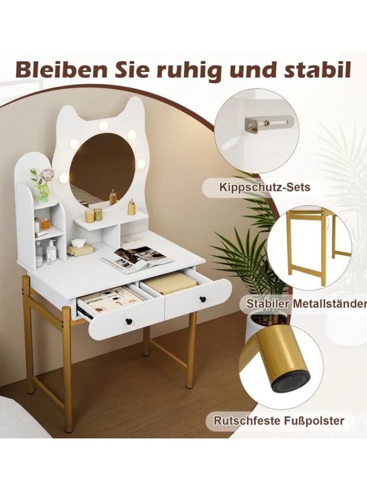 COSTWAY Schmuckkästen<Schminktisch in Katzenform mit Spiegel & Beleuchtung in Weiß
