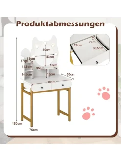 COSTWAY Schmuckkästen<Schminktisch in Katzenform mit Spiegel & Beleuchtung in Weiß