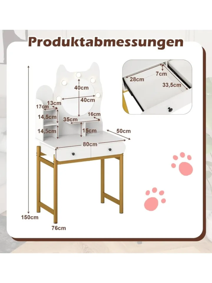 COSTWAY Schmuckkästen<Schminktisch in Katzenform mit Spiegel & Beleuchtung in Weiß