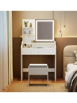 COSTWAY Schmuckkästen<Schminktisch mit Hocker & LED Spiegel in Weiß