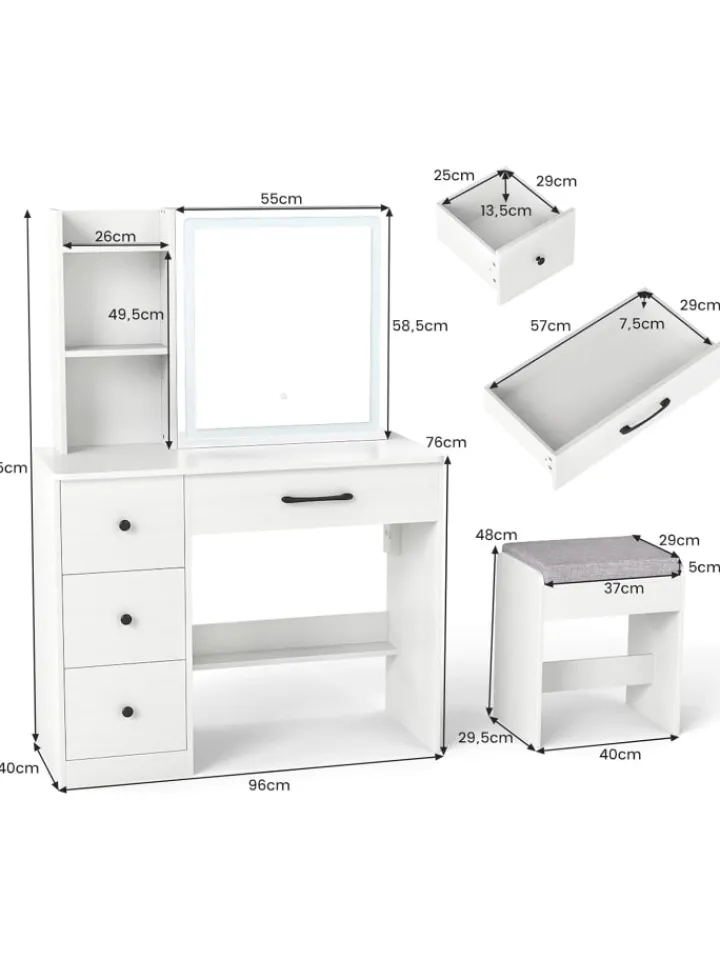 COSTWAY Schmuckkästen<Schminktisch mit LED & Schminkhocker 96 x 40 x 135 cm in Weiß