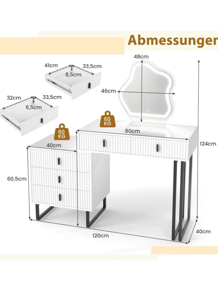 COSTWAY Schmuckkästen<Schminktisch mit LED Spiegel & Beistellschrank in Weiß