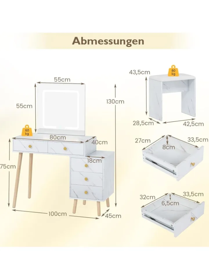 COSTWAY Schmuckkästen<Schminktisch mit LED Spiegel in Weiß