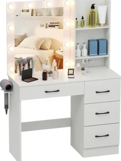 COSTWAY Schmuckkästen<Schminktisch mit LED-Beleuchtung 94x40x138,5cm in Weiß