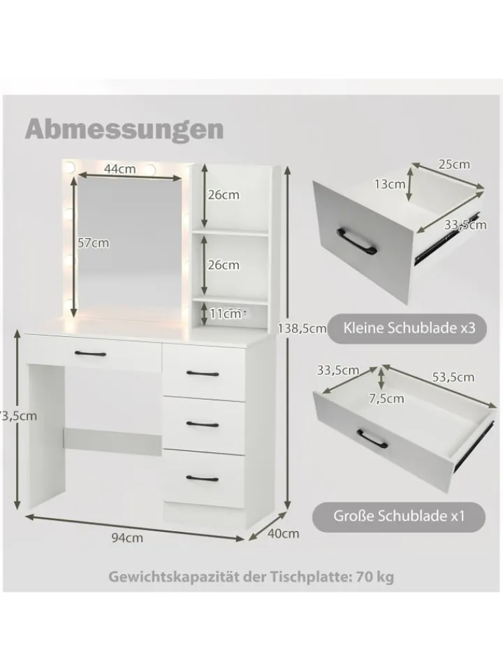 COSTWAY Schmuckkästen<Schminktisch mit LED-Beleuchtung 94x40x138,5cm in Weiß
