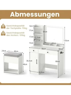 COSTWAY Schmuckkästen<Schminktisch mit LED-Spiegel in Weiß