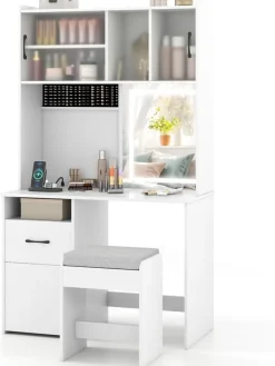 COSTWAY Schmuckkästen<Schminktisch Set mit LED Spiegel & Hocker in Weiß