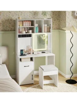 COSTWAY Schmuckkästen<Schminktisch Set mit LED Spiegel & Hocker in Weiß
