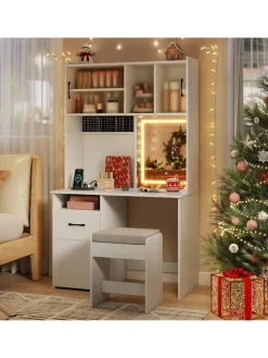 COSTWAY Schmuckkästen<Schminktisch Set mit LED Spiegel & Hocker in Weiß