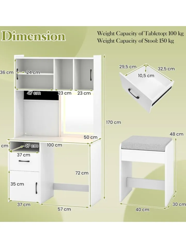 COSTWAY Schmuckkästen<Schminktisch Set mit LED Spiegel & Hocker in Weiß