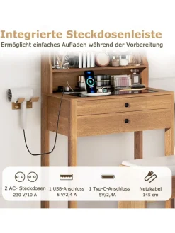 COSTWAY Schmuckkästen<Schminktisch Set mit Steckdosen & LED in Hellbraun