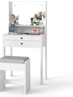 COSTWAY Schmuckkästen<Schminktisch Set mit Steckdosen & LED in Weiß