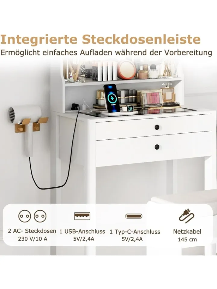 COSTWAY Schmuckkästen<Schminktisch Set mit Steckdosen & LED in Weiß