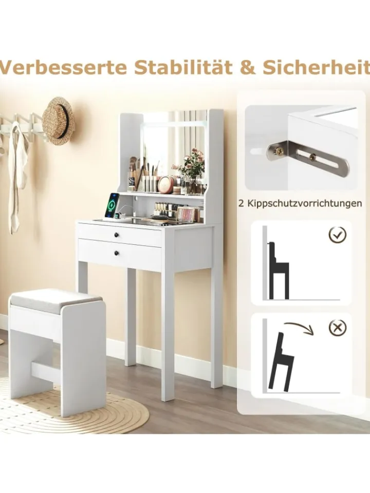 COSTWAY Schmuckkästen<Schminktisch Set mit Steckdosen & LED in Weiß
