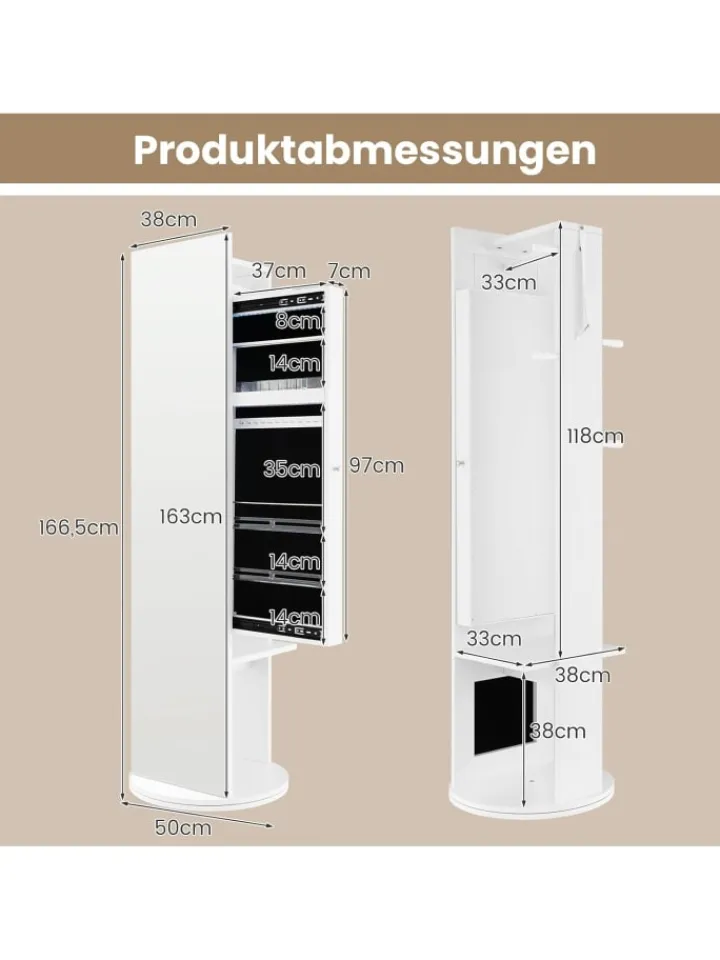 COSTWAY Schmuckkästen<Schmuckschrank dehbar mit Spiegel in Weiß