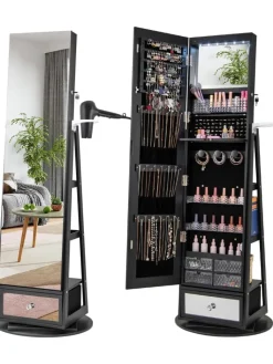 COSTWAY Schmuckkästen<Schmuckschrank drehbar mit LED in Schwarz