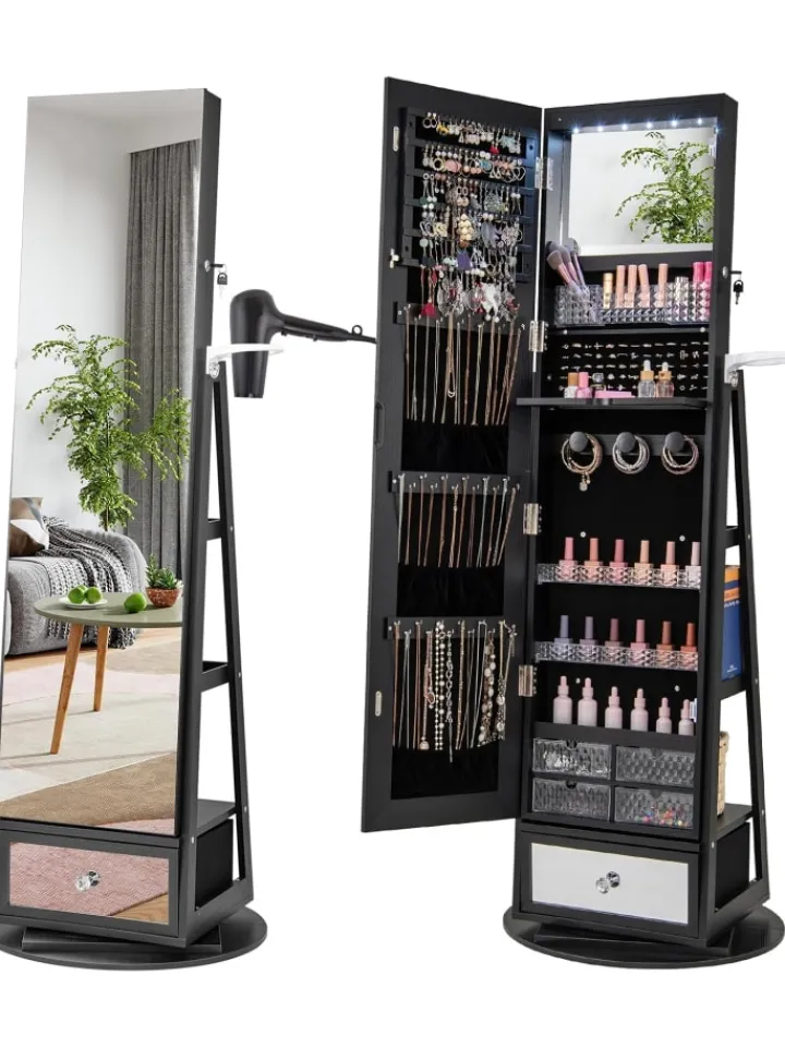 COSTWAY Schmuckkästen<Schmuckschrank drehbar mit LED in Schwarz