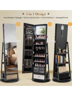 COSTWAY Schmuckkästen<Schmuckschrank drehbar mit LED in Schwarz