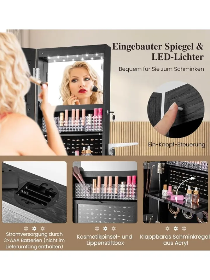 COSTWAY Schmuckkästen<Schmuckschrank drehbar mit LED in Schwarz