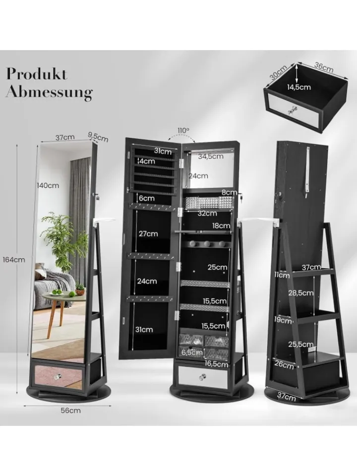 COSTWAY Schmuckkästen<Schmuckschrank drehbar mit LED in Schwarz