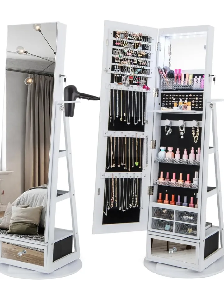 COSTWAY Schmuckkästen<Schmuckschrank drehbar mit LED in Weiß