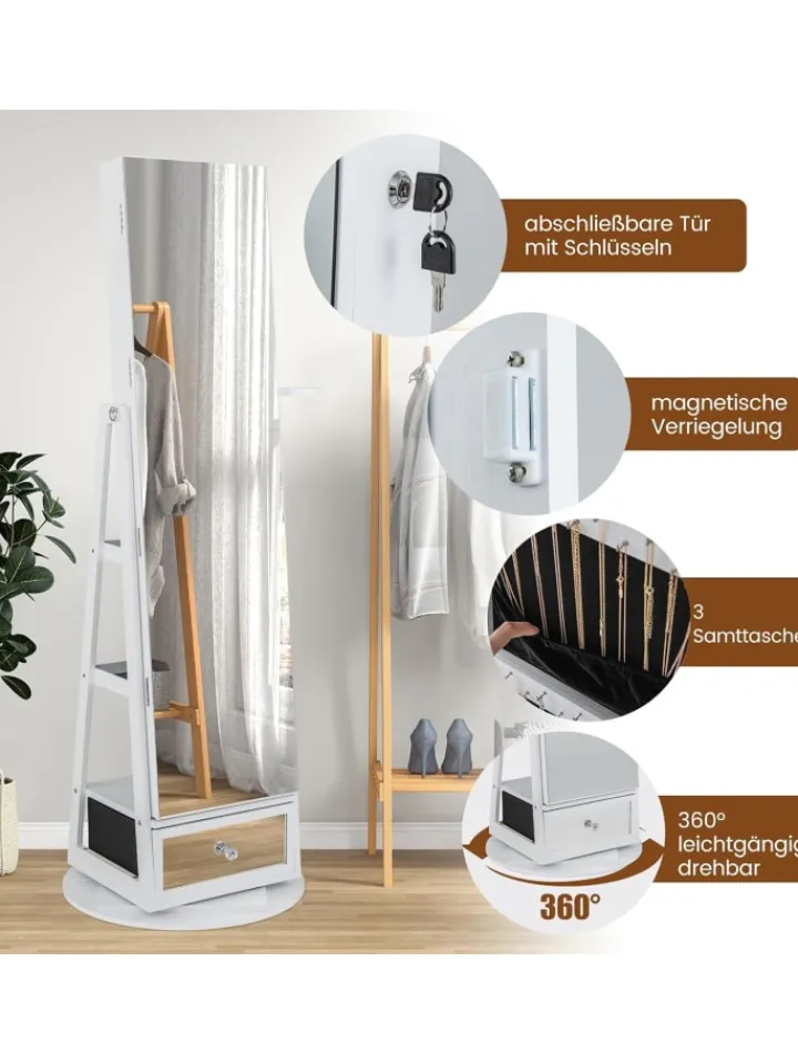COSTWAY Schmuckkästen<Schmuckschrank drehbar mit LED in Weiß