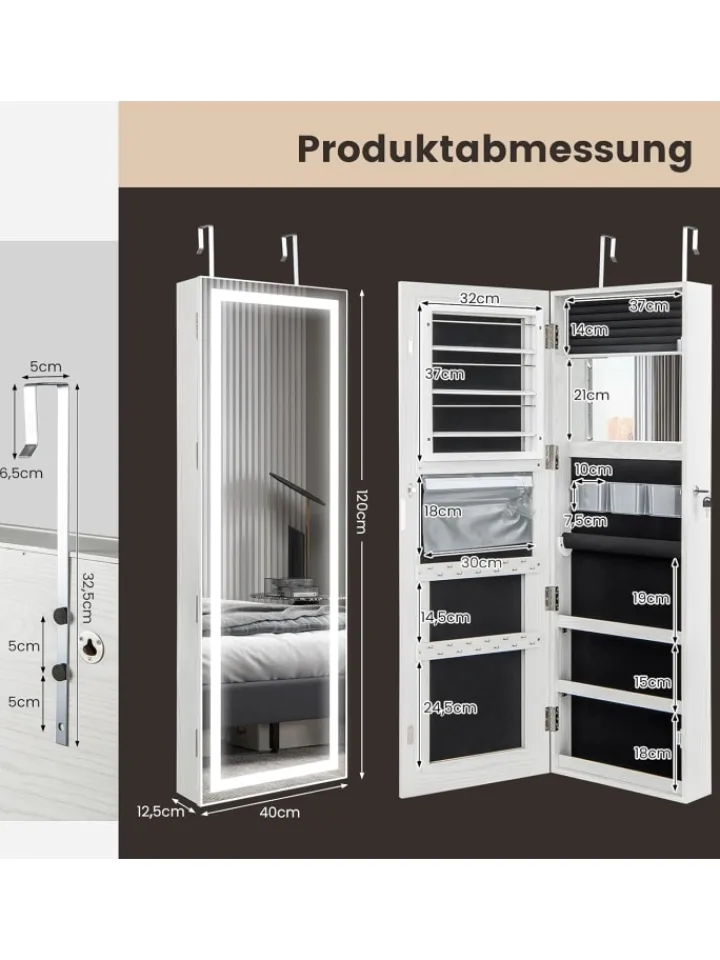 COSTWAY Schmuckkästen<Schmuckschrank LED abschließbar in Weiß