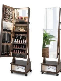 COSTWAY Schmuckkästen<Schmuckschrank LED mit Rollen 159cm in Hellbraun