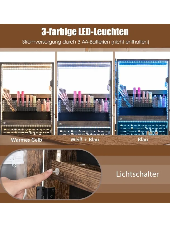 COSTWAY Schmuckkästen<Schmuckschrank LED mit Rollen 159cm in Hellbraun