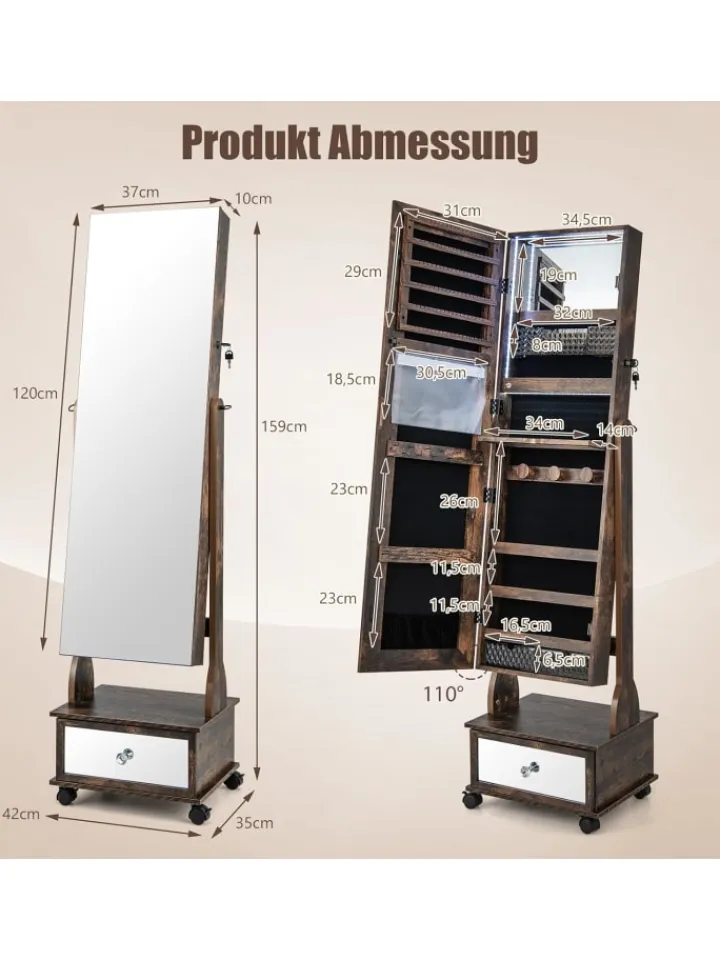 COSTWAY Schmuckkästen<Schmuckschrank LED mit Rollen 159cm in Hellbraun