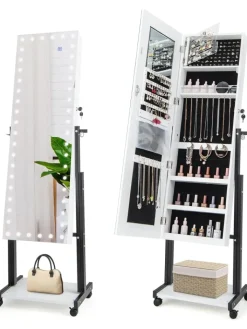 COSTWAY Schmuckkästen<Schmuckschrank LED mit Rollen 4 in 1 in Weiß