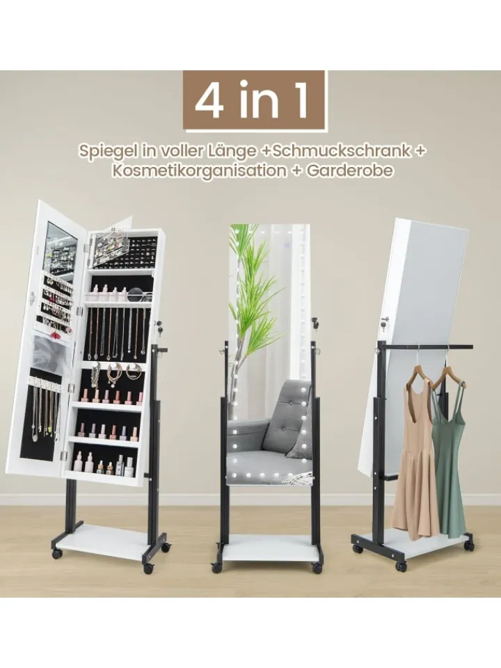 COSTWAY Schmuckkästen<Schmuckschrank LED mit Rollen 4 in 1 in Weiß