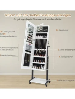 COSTWAY Schmuckkästen<Schmuckschrank LED mit Rollen 4 in 1 in Weiß