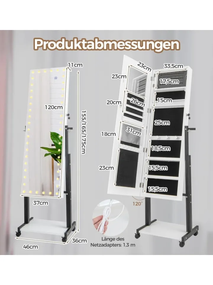 COSTWAY Schmuckkästen<Schmuckschrank LED mit Rollen 4 in 1 in Weiß
