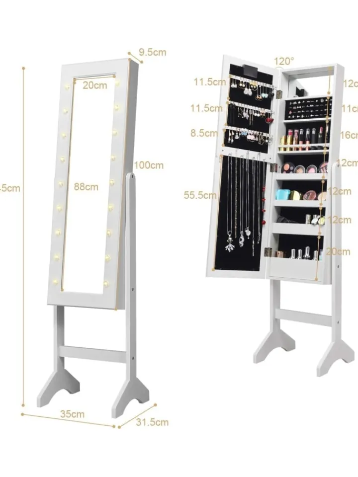 COSTWAY Schmuckkästen<Schmuckschrank mit 18 LEDS in Weiß