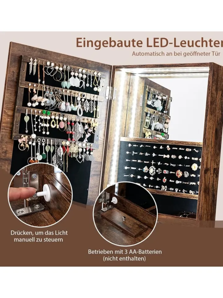 COSTWAY Schmuckkästen<Schmuckschrank mit Beleuchtung in Braun