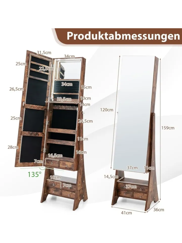 COSTWAY Schmuckkästen<Schmuckschrank mit Beleuchtung in Braun