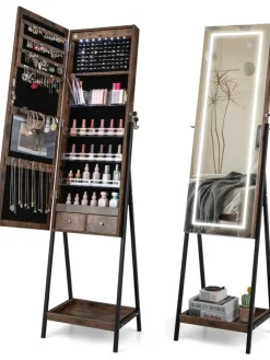 COSTWAY Schmuckkästen<Schmuckschrank mit LED & Ablage in Braun