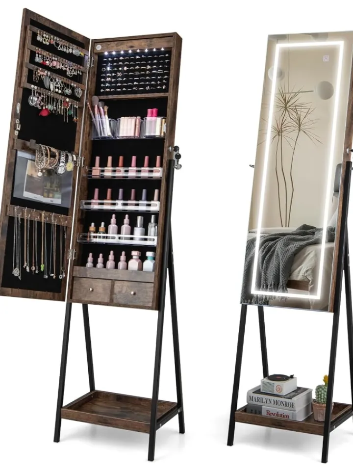 COSTWAY Schmuckkästen<Schmuckschrank mit LED & Ablage in Braun