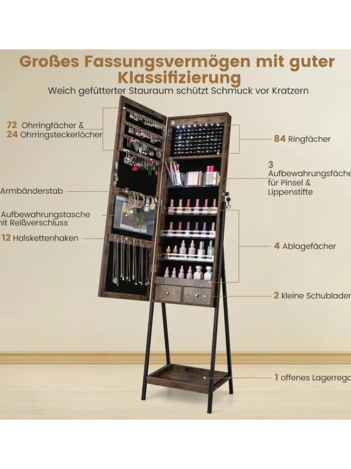 COSTWAY Schmuckkästen<Schmuckschrank mit LED & Ablage in Braun