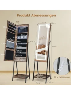 COSTWAY Schmuckkästen<Schmuckschrank mit LED & Ablage in Braun
